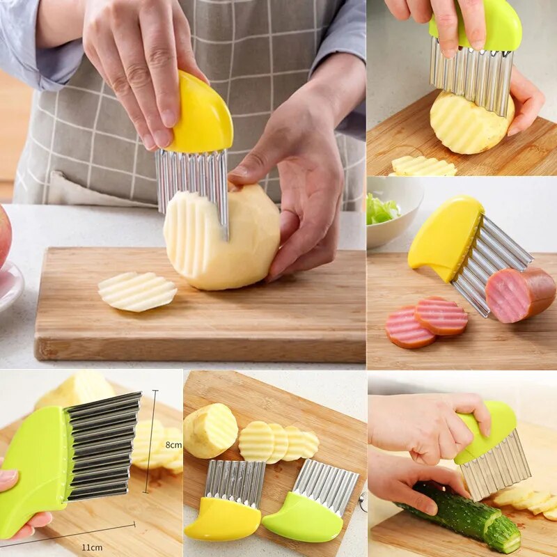 Stainless Steel Potato Chip Slicer Dough Vegetable Fruit Crinkle Wavy Kitchen Knife Cutter Chopper French Fry Maker Tools Gadget